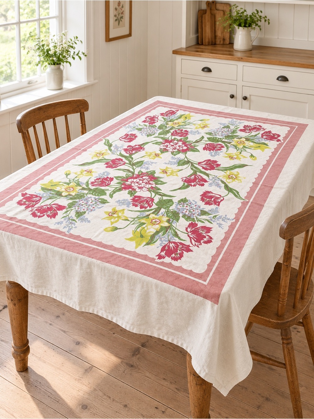 Vintage Floral Tablecloth 54x74 Pink Tulip Daffodil Cottage Rectangular